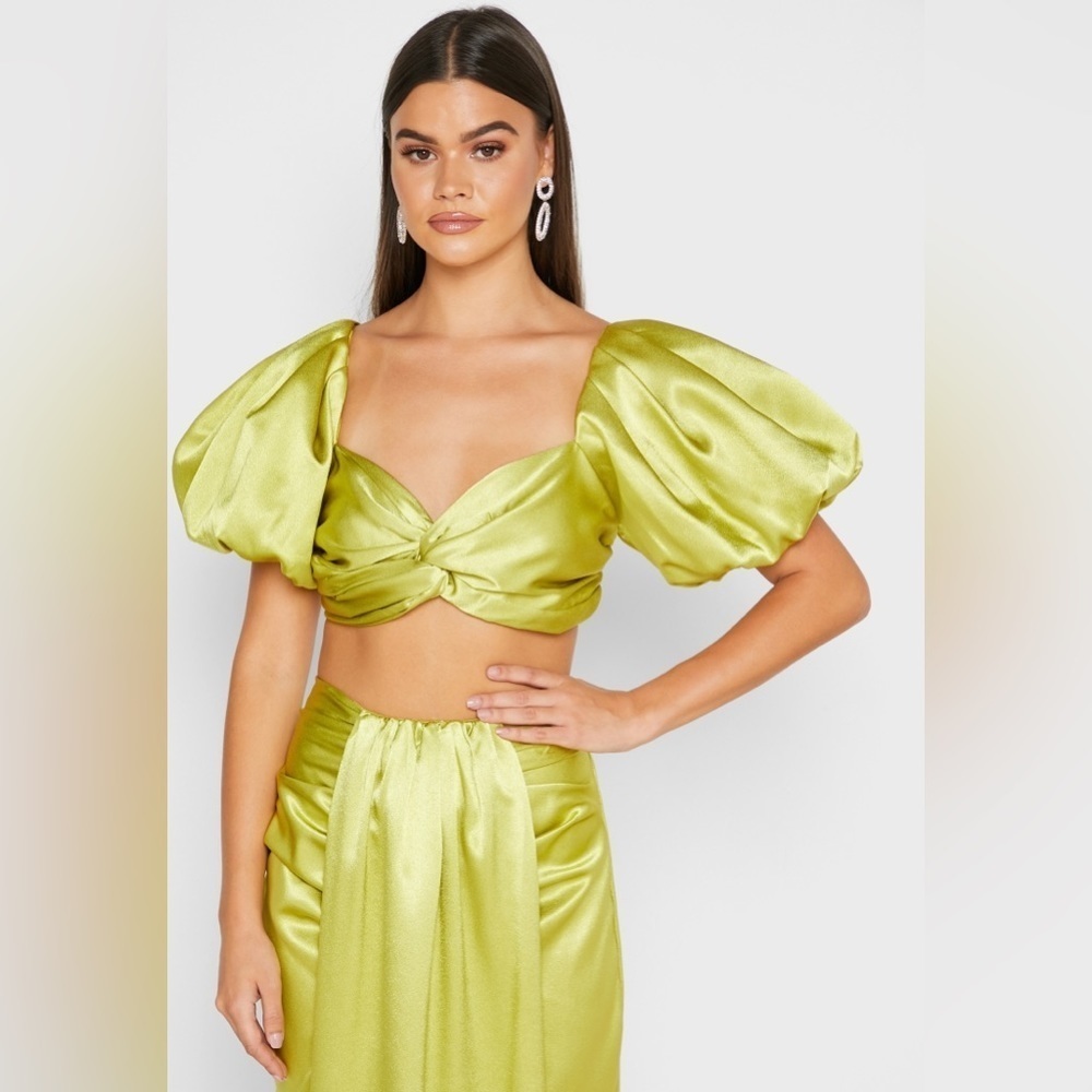 NEW YAURA Lima Balloon Sleeve Crop Top Satin Green sz XS